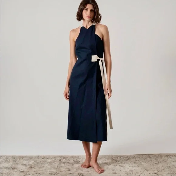 NWT! 🇵🇹 Linen LUXMII Zulu Midi Wrap Dress in Navy Luxury Made in Portugal - Picture 10 of 12